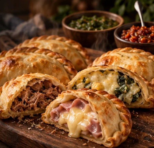 Empanadas argentinas horneadas de carne, espinaca y jamón con queso, con chimichurri y salsa macha